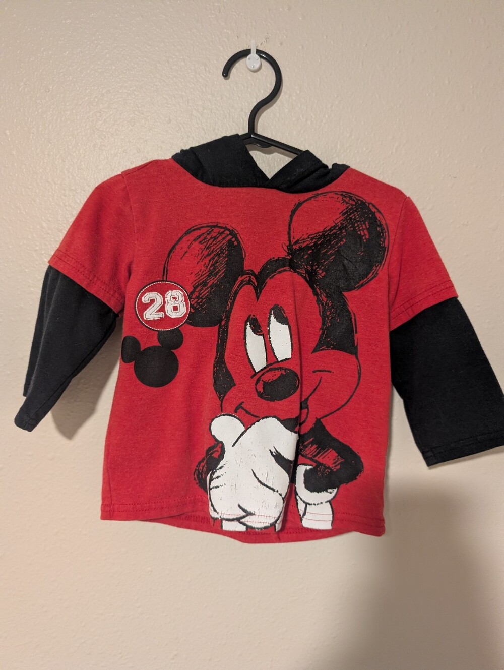 Disney Red and Black Mickey Mouse Hooded Long-Sleeve Top for Kids, 18 Months
